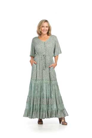PD-16526 - DITSY FLORAL & LACE TIERED MAXI WITH SIDE SLIT, POCKETS & TIE WAIST - Colors: SAGE, WHITE - Available Sizes:XS-XXL - Catalog Page:5 